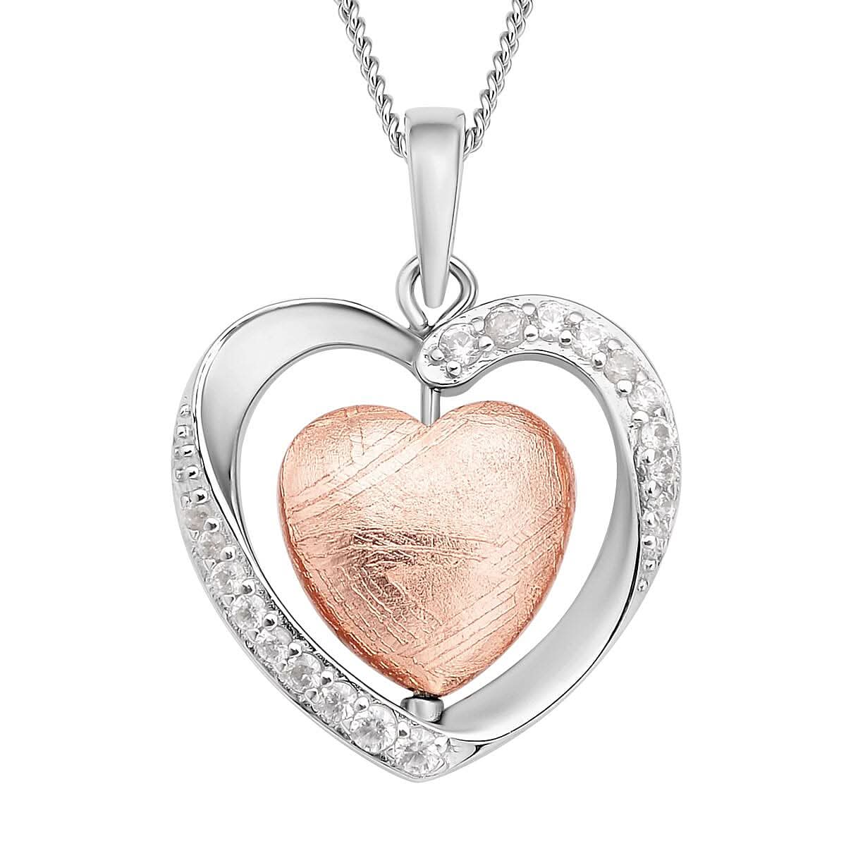 Marvelous Meteorites and White Zircon Heart Pendant Necklace 18 Inches in Rhodium Over Sterling Silver 0.30 ctw