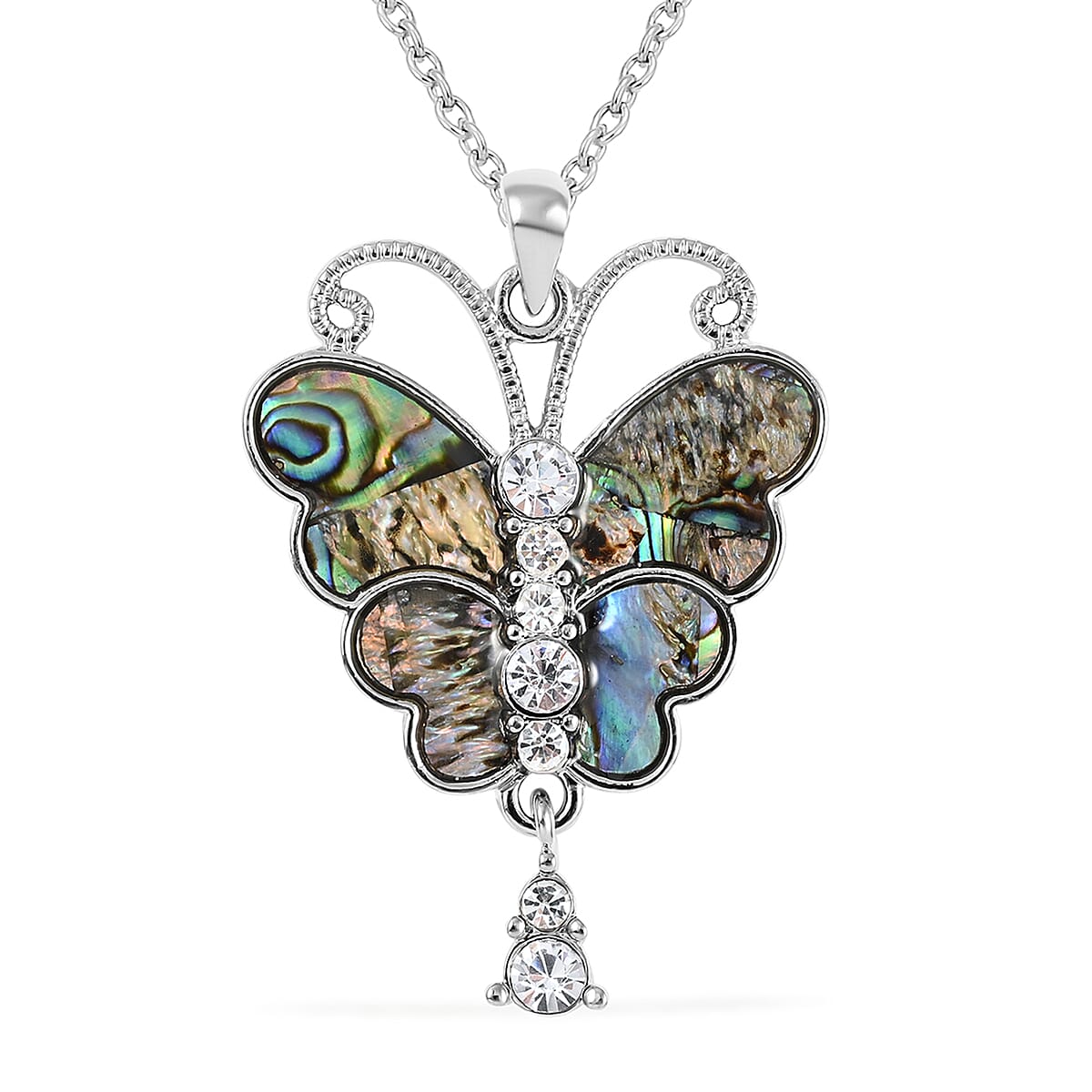 Abalone Shell and Austrian Crystal Butterfly Pendant Necklace 18 Inches