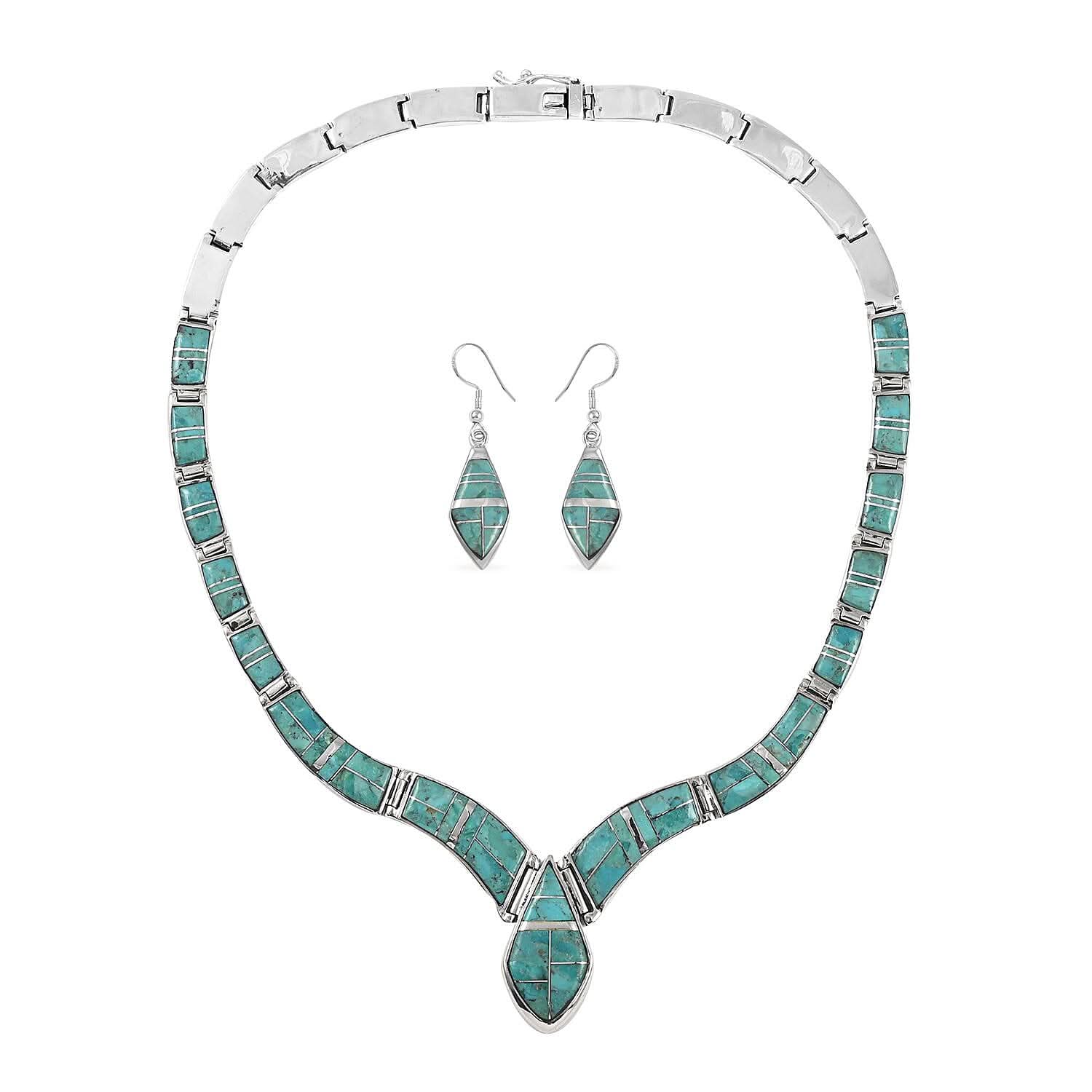 SANTA FE Style Kingman Turquoise Dangle Earrings and Necklace 16 Inches in Sterling Silver 56.60 Grams 81.00 ctw