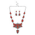 SANTA FE Style Red Coral Earrings and Dragonfly Statement Necklace 20 Inches in Sterling Silver 64.25 Grams - Sticky add to cart bar