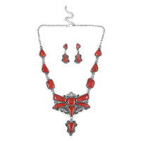 SANTA FE Style Red Coral Earrings and Dragonfly Statement Necklace 20 Inches in Sterling Silver 64.25 Grams