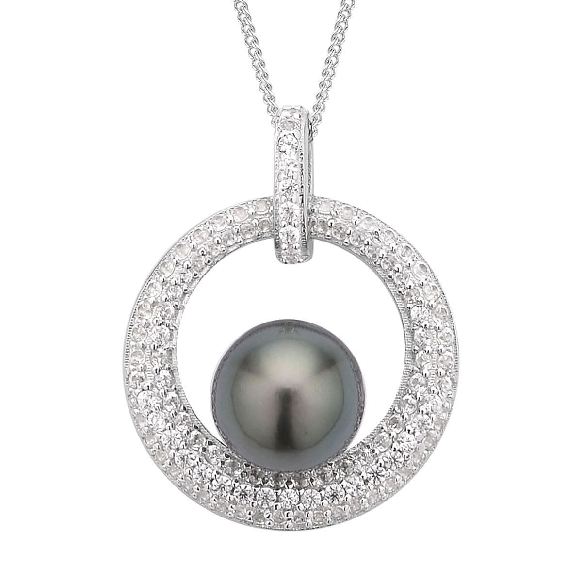 Tahitian Pearl 9-10mm and Zircon Divine Circle of Life Pendant Necklace 18In in Rhodium Over Sterling Silver 1.10 ctw