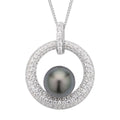 Tahitian Pearl 9-10mm and Zircon Divine Circle of Life Pendant Necklace 18In in Rhodium Over Sterling Silver 1.10 ctw - Sticky add to cart bar