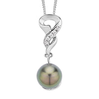 Tahitian Cultured Pearl 9-10mm and White Zircon Pendant Necklace 18 Inches in Rhodium Over Sterling Silver 0.10 ctw