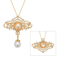 South Sea Golden and White Cultured Pearl, Multi Gemstone Brooch or Pendant Necklace 18 Inches in Vermeil YG Over Sterling Silver 1.50 ctw