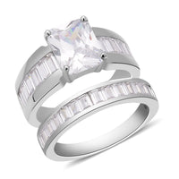 Set of 2 Simulated Diamond Emerald Cut and Half Eternity Stackable Ring in Silvertone 8.10 ctw