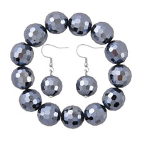 Hematite Color Glass Beaded Stretch Bracelet and Dangle Earrings in Stainless Steel