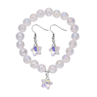 White Aurora Borealis Glass Beaded Star Charm Bracelet (6.50In) and Drop Earrings in Silvertone and Stainless Steel