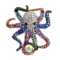 Multi Color Austrian Crystal, Enameled Octopus Brooch or Pendant Necklace 24 Inches in Goldtone