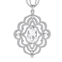 White Glass and Austrian Crystal Pendant Necklace 28-30 Inches in Silvertone