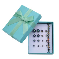 Doorbuster 9 Piece Set - 4pcs Peacock Color Shell Pearl Earrings, 4pcs Multi Color Austrian Crystal Earrings and 1pc Bracelet (7.5-9.5In) in Silvertone & Stainless Steel