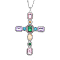 Multi Color Austrian Crystal and Magic Color Glass Cross Pendant Necklace 29-31 Inches in Silvertone