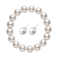Doorbuster White Shell Pearl Stretch Bracelet and Stud Earrings in Stainless Steel