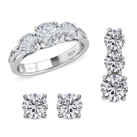 Doorbuster Moissanite Trilogy Ring Stud Earrings and Pendant in Rhodium Over Sterling Silver 6.20 ctw