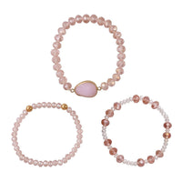 Pink Agate, Pink Glass Beaded & Resin Set of 3 Stretch Bracelet in Goldtone 5.00 ctw