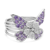 LUSTRO STELLA Finest Purple and White CZ Set of 5 Butterfly Stackable Ring (Size 6.0) in Rhodium Over Sterling Silver 1.60 ctw