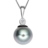 Tahitian Cultured Pearl and Moissanite Pendant Necklace 18 Inches in Rhodium Over Sterling Silver 0.05 ctw