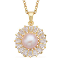 Peach Freshwater Pearl and Simulated Diamond Floral Pendant in 14K YG Over Sterling Silver with ION Plated YG Stainless Steel Necklace 20 Inches 1.00 ctw