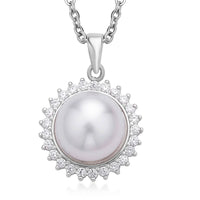 White Freshwater Pearl and Simulated Diamond Sunburst Pendant Necklace 20 Inches in Rhodium Over Sterling Silver and Stainless Steel 0.20 ctw