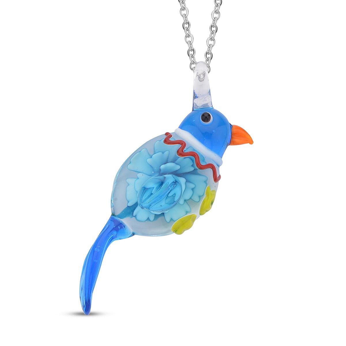 Multi Color Murano Style Bird Pendant Necklace 24 Inches in Stainless Steel