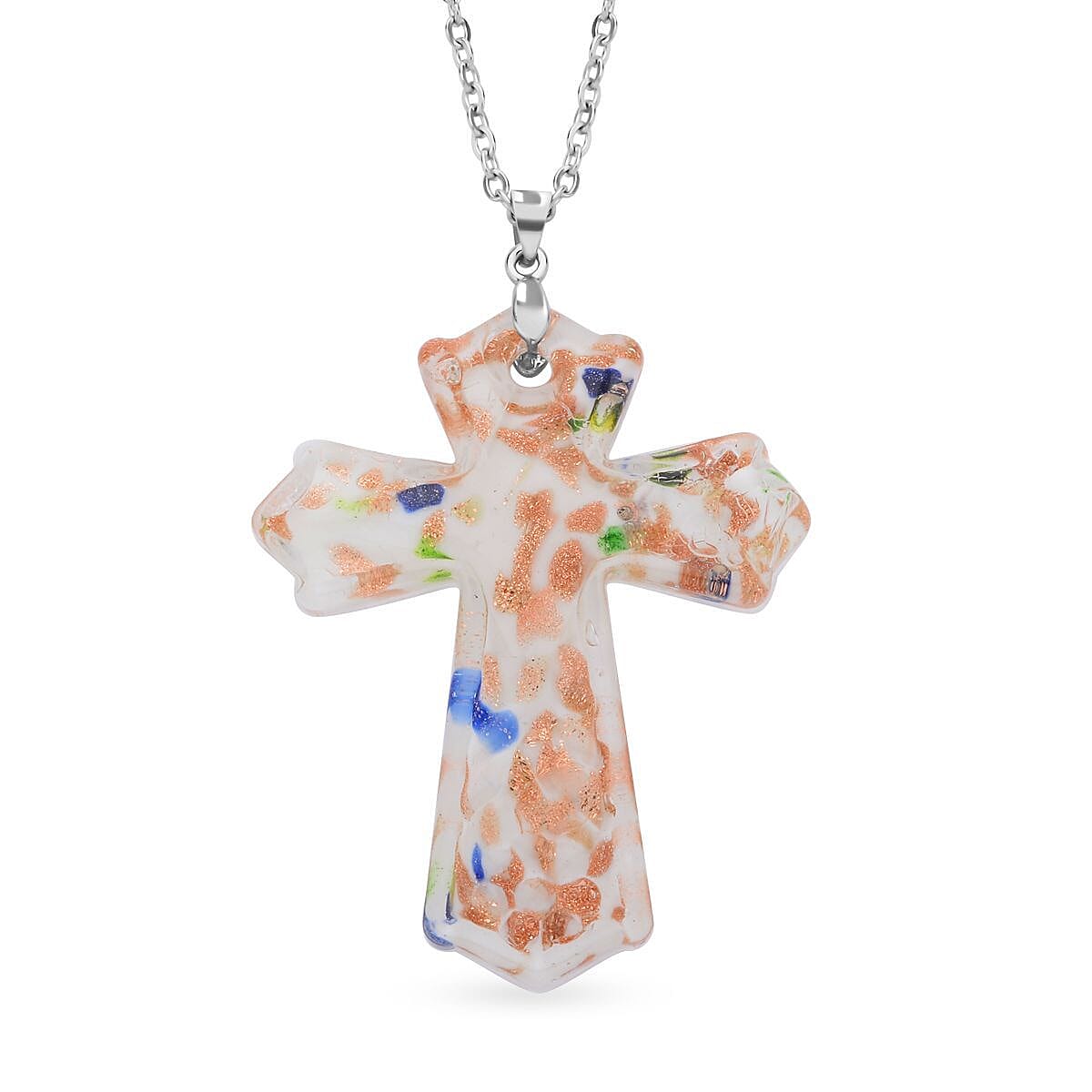 Murano Style Cross Pendant Necklace 24 Inches in Stainless Steel
