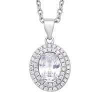 Simulated Diamond Double Halo Pendant in Rhodium Over Sterling Silver with Stainless Steel Necklace 20 Inches