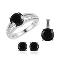 Natural Thai Black Spinel Solitaire Ring , Pendant and Solitaire Stud Earrings in Stainless Steel 7.15 ctw