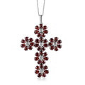 Mozambique Garnet and White Zircon Floral Cross Pendant Necklace 20 Inches in Platinum Over Sterling Silver 8.00 ctw - Sticky add to cart bar