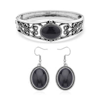 Black Obsidian Bangle Bracelet (7 In) and Earrings in Stainless Steel 50.00 ctw