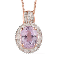 Premium Martha Rocha Kunzite and Diamond Halo Pendant Necklace 20 Inches in Vermeil Rose Gold Over Sterling Silver 3.90 ctw