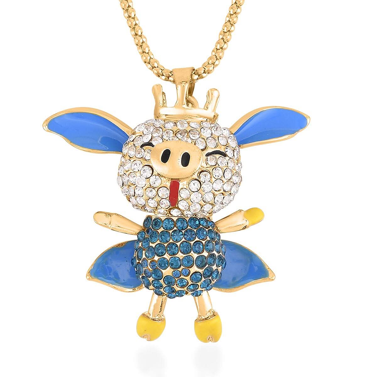 Blue and White Austrian Crystal Dainty Pendant Necklace 28-30 Inches in Goldtone