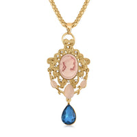 Cameo and Multi Gemstone Victorian Style Pendant Necklace 28-30 Inches in Goldtone