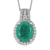 Emeraldine Quartz (Triplet) and White Zircon Halo Pendant Necklace 20 Inches in Platinum Over Sterling Silver 4.75 ctw