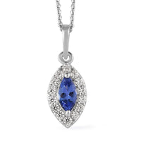 AAA Tanzanite and Natural White Zircon Halo Pendant Necklace 20 Inches in Platinum Over Sterling Silver 0.85 ctw