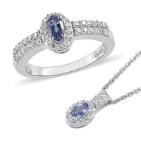 Peacock Tanzanite, Natural White Zircon Halo Ring and Pendant Necklace 20 Inches in Platinum Over Sterling Silver 1.35 ctw
