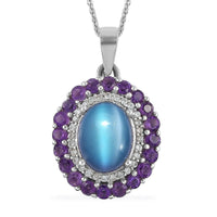 Aurora Moonstone (D) and Multi Gemstone Double Halo Pendant Necklace 20 Inches in Platinum Over Sterling Silver 4.35 ctw