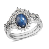 Thai Blue Star Sapphire, Natural White Zircon Set of 2 Ring in Platinum Over Sterling Silver (Delivery in 3-5 Business Days) 2.75 ctw
