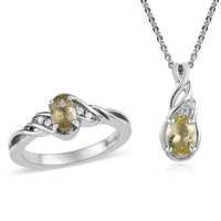 Brazilian Golden Apatite and Natural White Zircon Ring and Pendant Necklace 20 Inches in Platinum Over Sterling Silver 1.00 ctw