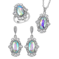 TLV Simulated Aurora Borealis, Austrian Crystal Halo Ring (Size 9.00), Earrings and Pendant Necklace (20-22 Inches) in Silvertone