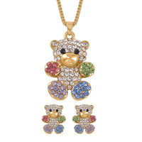 Multi Color Austrian Crystal Teddy Bear Necklace 20 Inches and Earrings in Goldtone