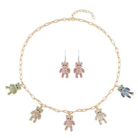 TLV Multi Color Austrian Crystal Teddy Bear Earrings and Necklace (20 Inches) in Goldtone