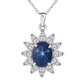 Blue Star Sapphire (DF) and Moissanite 7.15 ctw Sunburst Pendant Necklace 18 Inches in Platinum Over Sterling Silver - Sticky add to cart bar