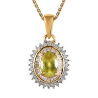 AAA Sava Sphene and Diamond Sunburst Pendant Necklace 20 Inches in Vermeil Yellow Gold Over Sterling Silver 1.15 ctw