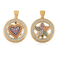 Simulated Multi Color Diamond, Enameled Set of 2 Star & Crescent Moon Pendant in Goldtone 0.70 ctw