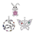 Simulated Multi Color Diamond 7.30 ctw Set of 3 Butterfly, Snake and Rabbit Pendant without Chain in Silvertone - Sticky add to cart bar