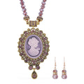 Cameo and Purple Magic Color Glass Earrings and Necklace 22 Inches in Goldtone 15.00 ctw - Sticky add to cart bar