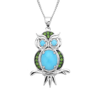 Sleeping Beauty Turquoise and Chrome Diopside Owl Pendant Necklace 18 Inches in Rhodium Over Sterling Silver 2.60 ctw