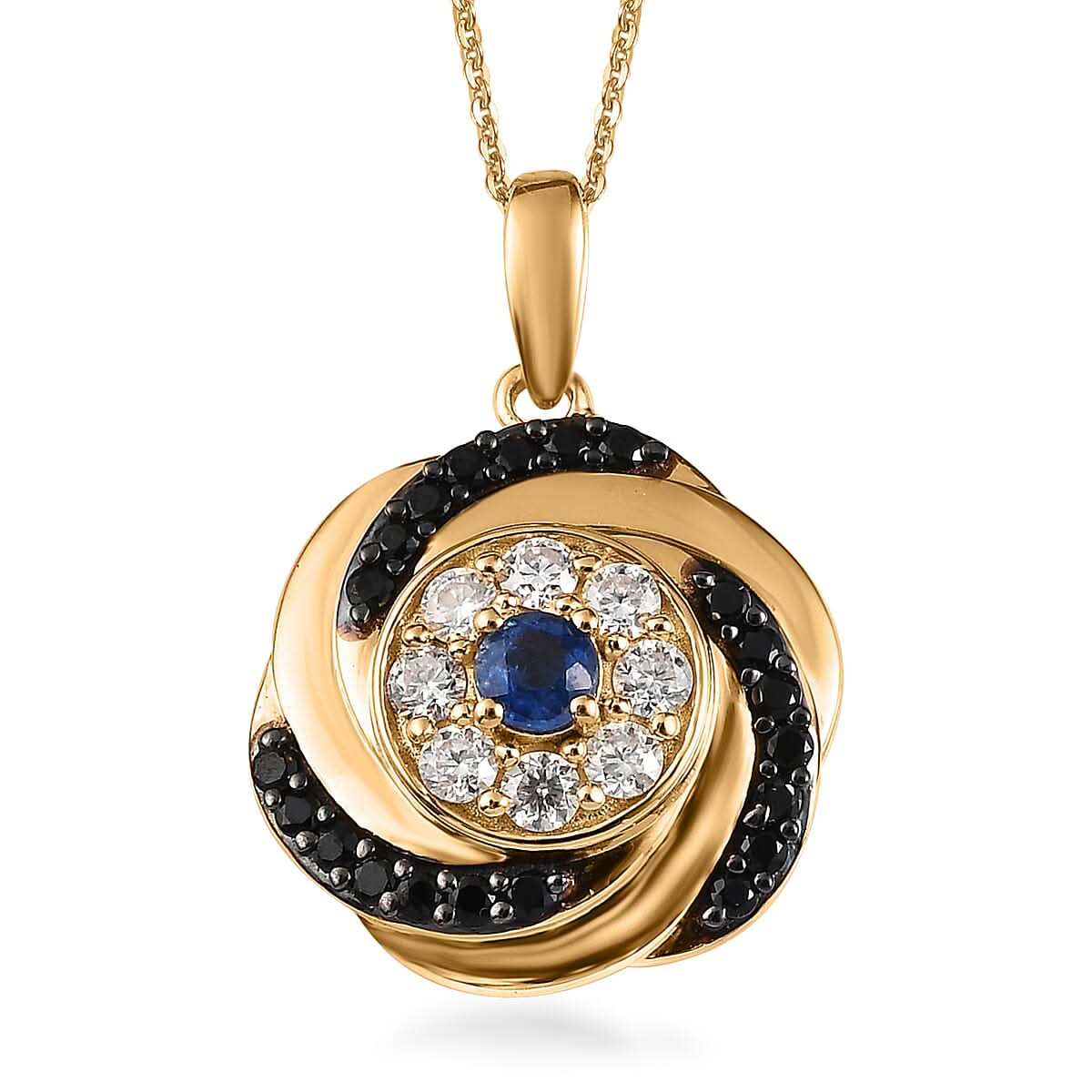 Kashmir Kyanite and Multi Gemstone Evil Eye Protector Pendant Necklace 20 Inches in Vermeil Yellow Gold Over Sterling Silver 1.15 ctw