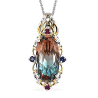 Aqua Terra Costa Quartz (Triplet) and Multi Gemstone Pendant Necklace 20 Inches in Vermeil YG and Platinum Over Sterling Silver 9.75 ctw
