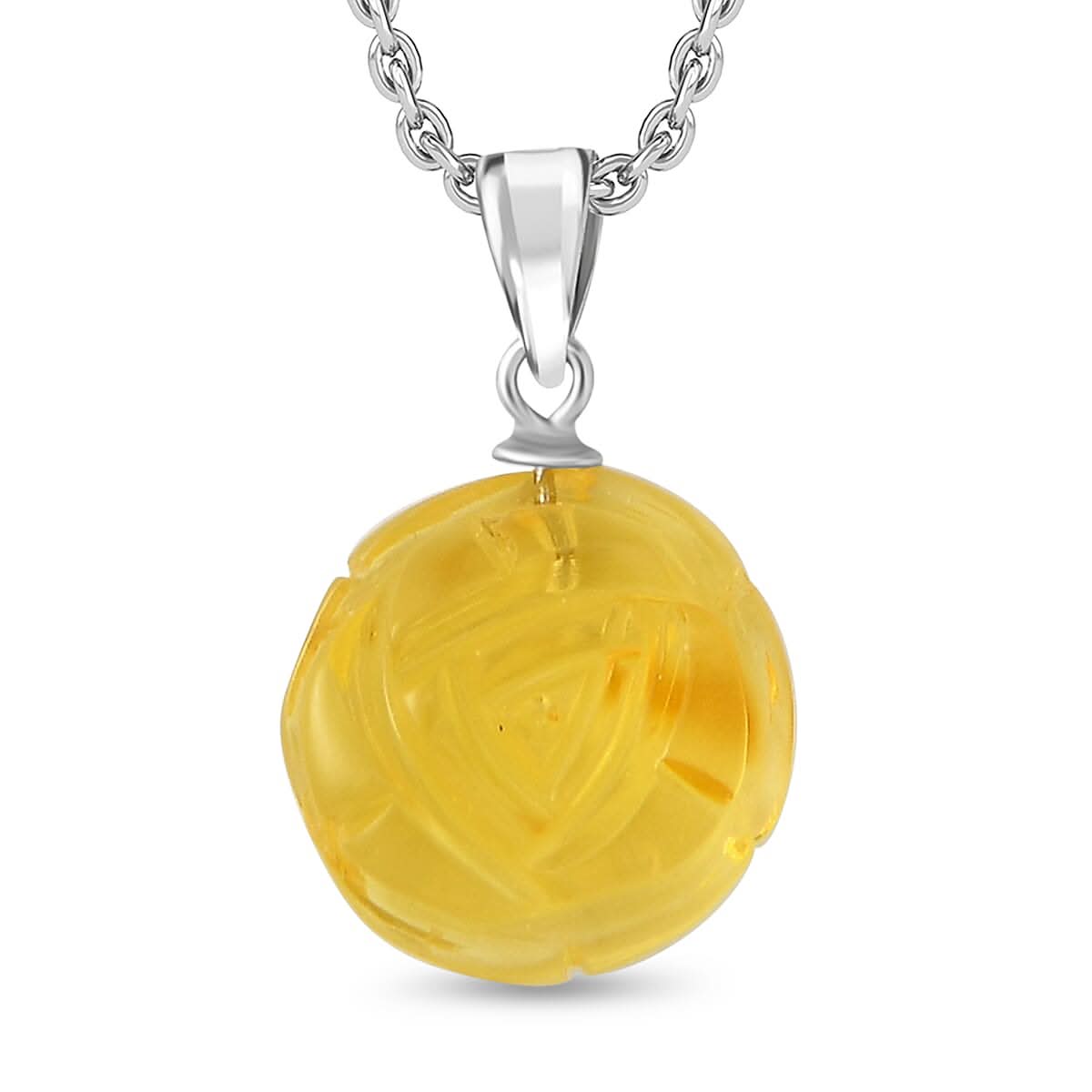 Baltic Amber Carved Flower Pendant in Sterling Silver with Stainless Steel Necklace 20 Inches